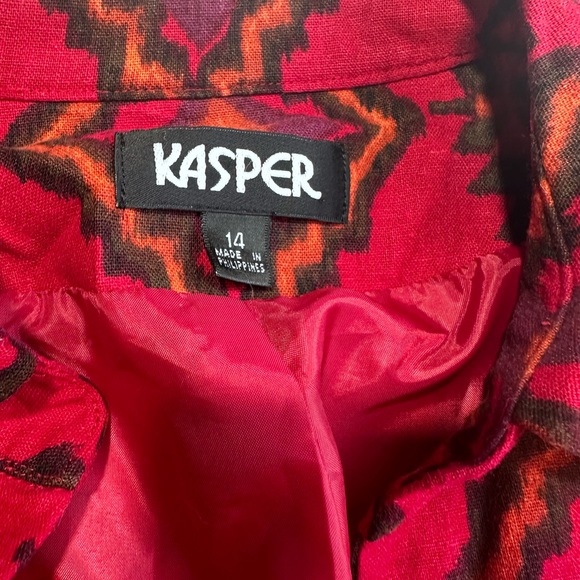 Kasper Red Southwestern Aztec Print Linen Rayon Blend Open Front Blazer Size 14 - Picture 11 of 14